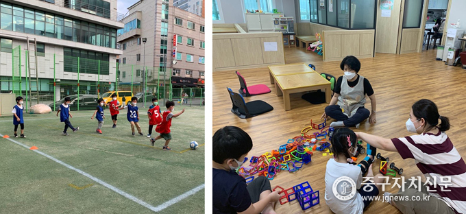 야외축구장에서 진행되는 생활체육 돌봄 프로그램(좌)과 주민주도 주말 돌봄 프로그램(우).