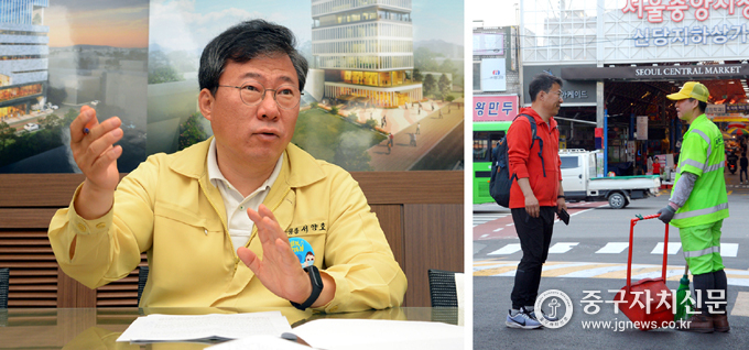 본지와 인터뷰를 하고 있는 서양호 구청장(좌), 서양호 구청장이 걸어서 출근하며 주민들과 대화를 하고 있다(우).