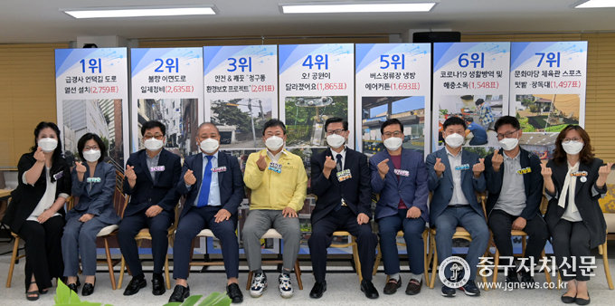 청구동 비대면 주민참여예산 주민투표에서 서양호 구청장과 문기식 위원장 등이 미니하트를 표현하고 있다.