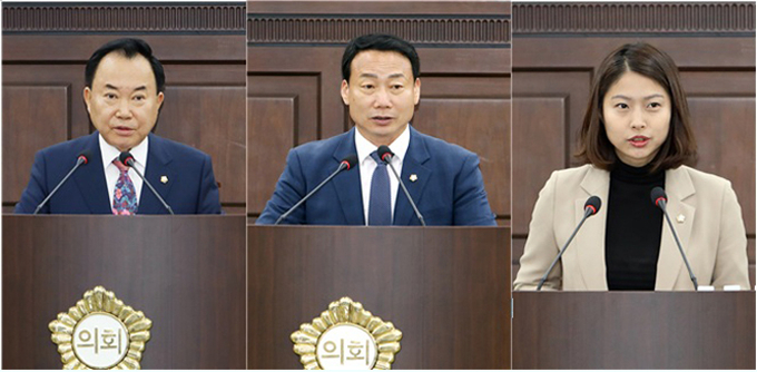소재권 결산검사책임위원(좌), 송재천 예결특위 위원장(중), 손주하 예결특위 부위원장(우).